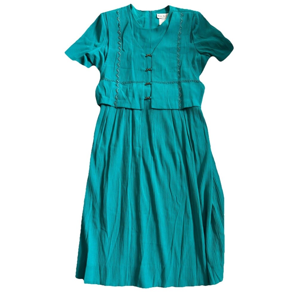 VTG 90s Miss Dorby Teal Dress 16 Career Midi Crinkle Rayon Faux Vest Cottagecore